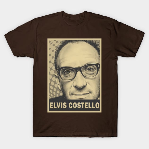 brown cream Elvis Costello retro art (exlusive) T-Shirt by oeyadrawingshop